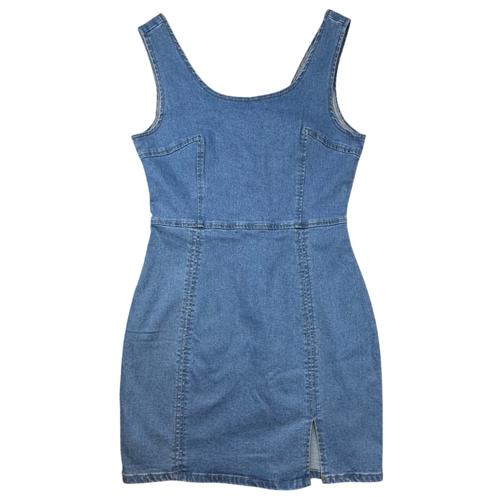 Denim‎ Mini Dress Medium Blue Sleeveless Scoop Neck Hem Slit New M Y2K rero